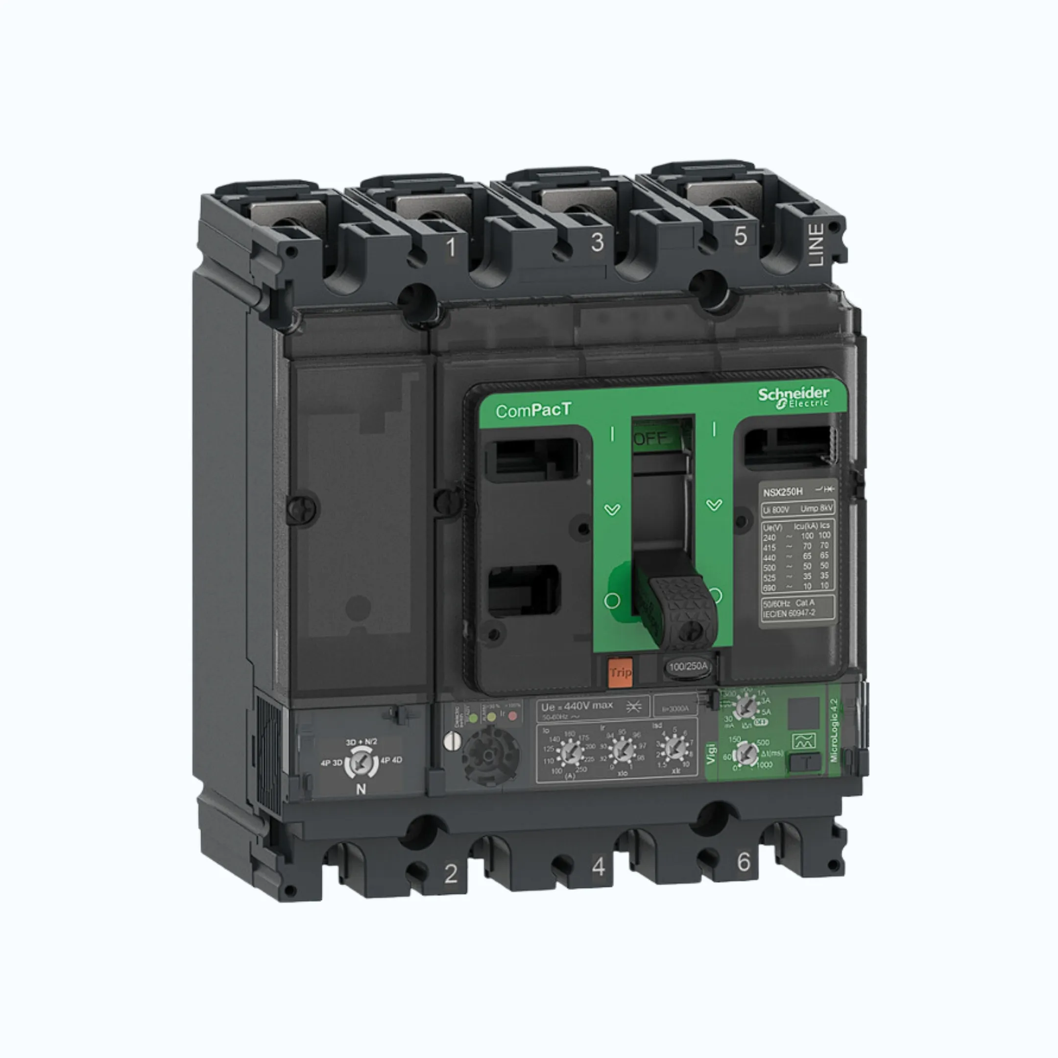 Schneider ComPacT NSX100 - 630A dengan H (70 kA)4P-MicroLogic Vigi 4.3 160-400 1