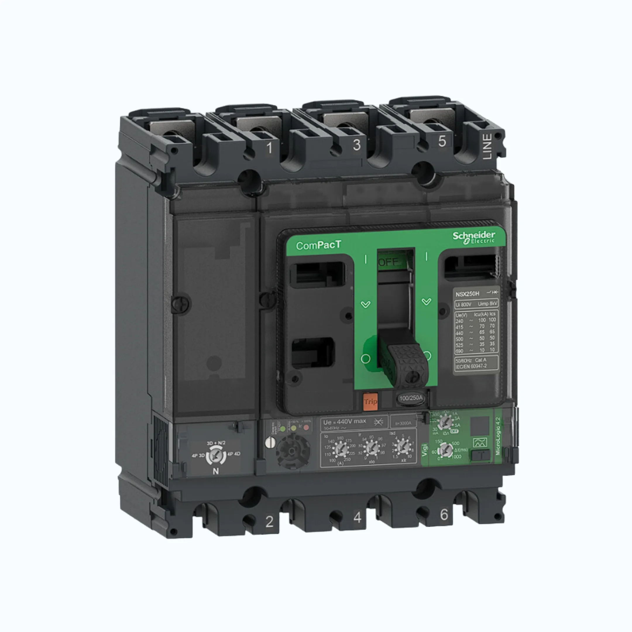 Schneider ComPacT NSX100 - 630A dengan H (70 kA)4P-MicroLogic Vigi 4.2 100-250 1