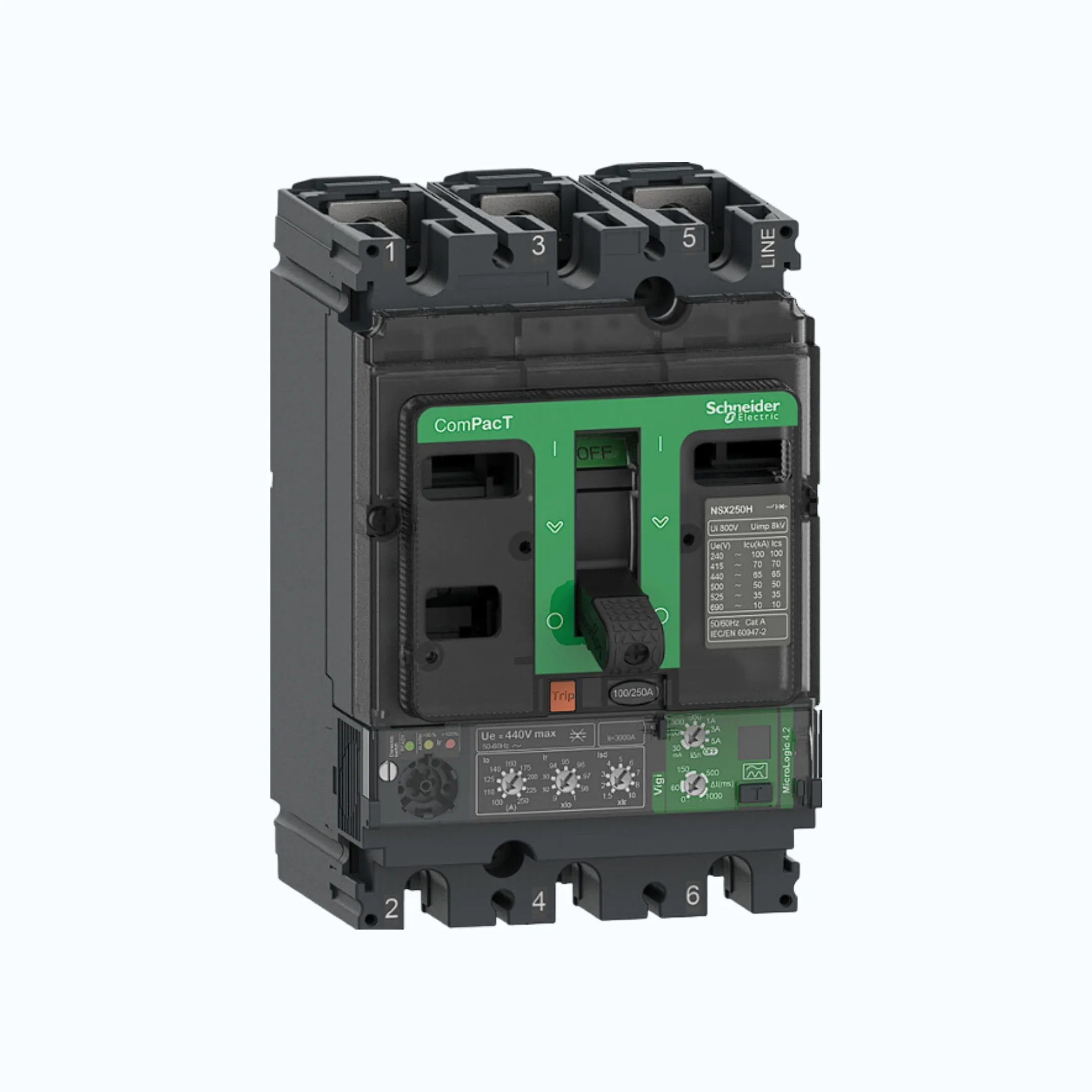 Schneider ComPacT NSX100 - 630A dengan H (70 kA)3P-MicroLogic Vigi 4.2 100-250 1
