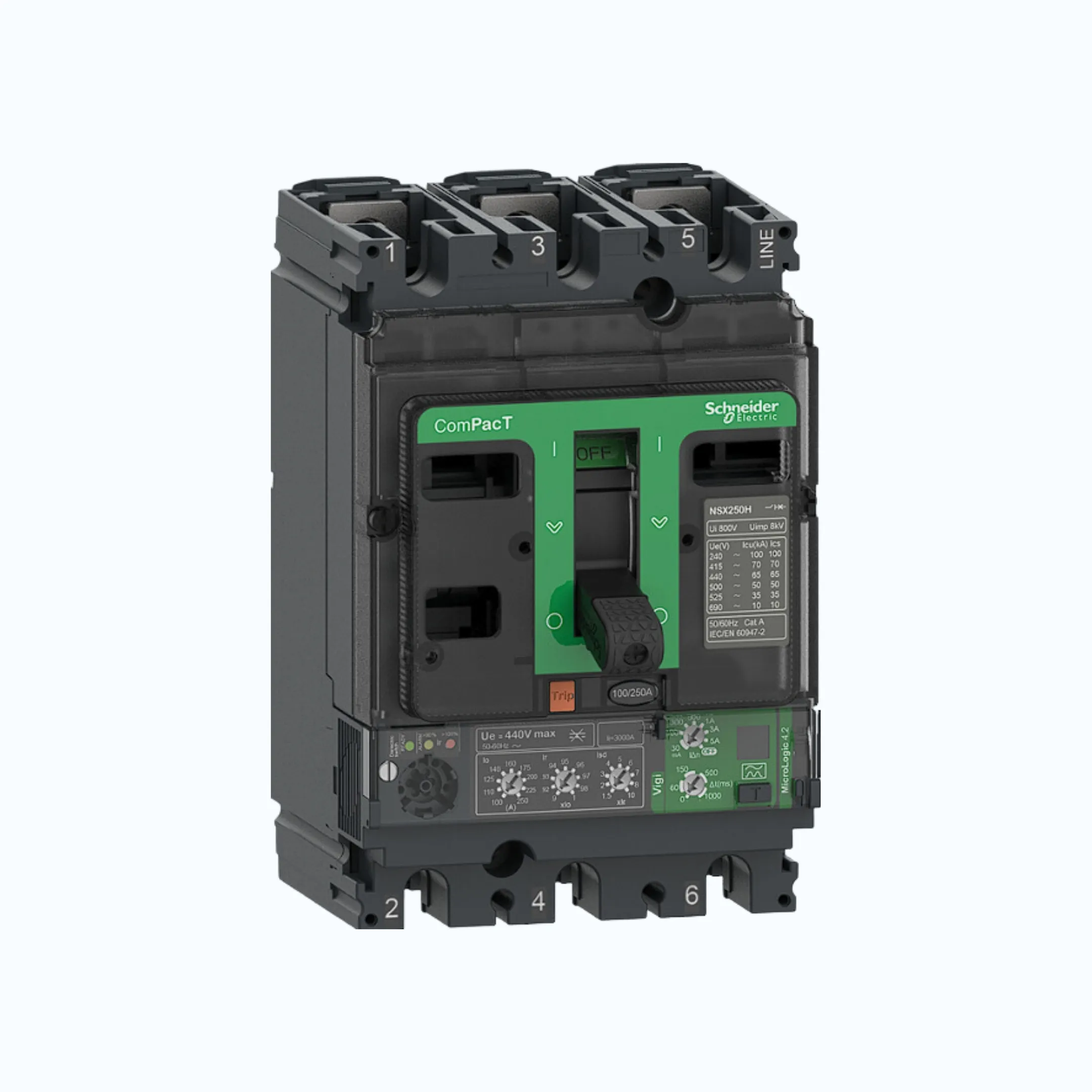 Schneider ComPacT NSX100 - 630A dengan H (70 kA)3P- MicroLogic Vigi 4.2 18-40 1.