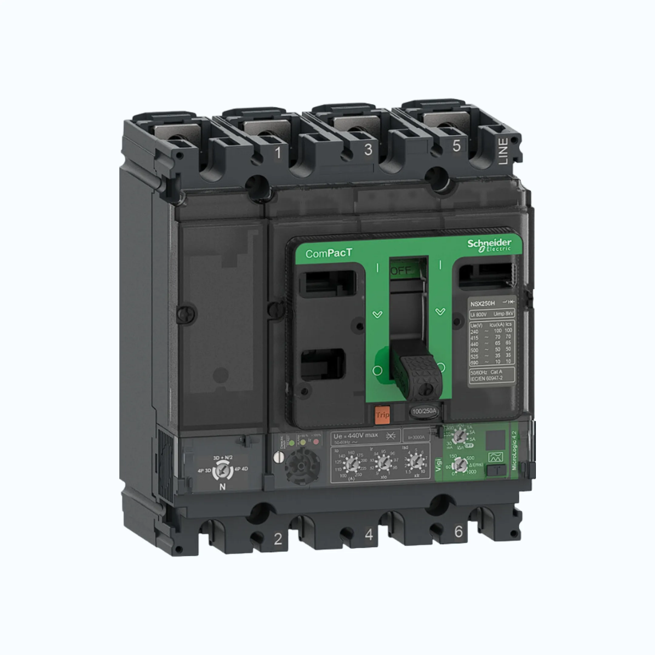 Schneider ComPacT NSX100 - 630A dengan N (50 kA) 4P-MicroLogic Vigi 4.3 160-400 
