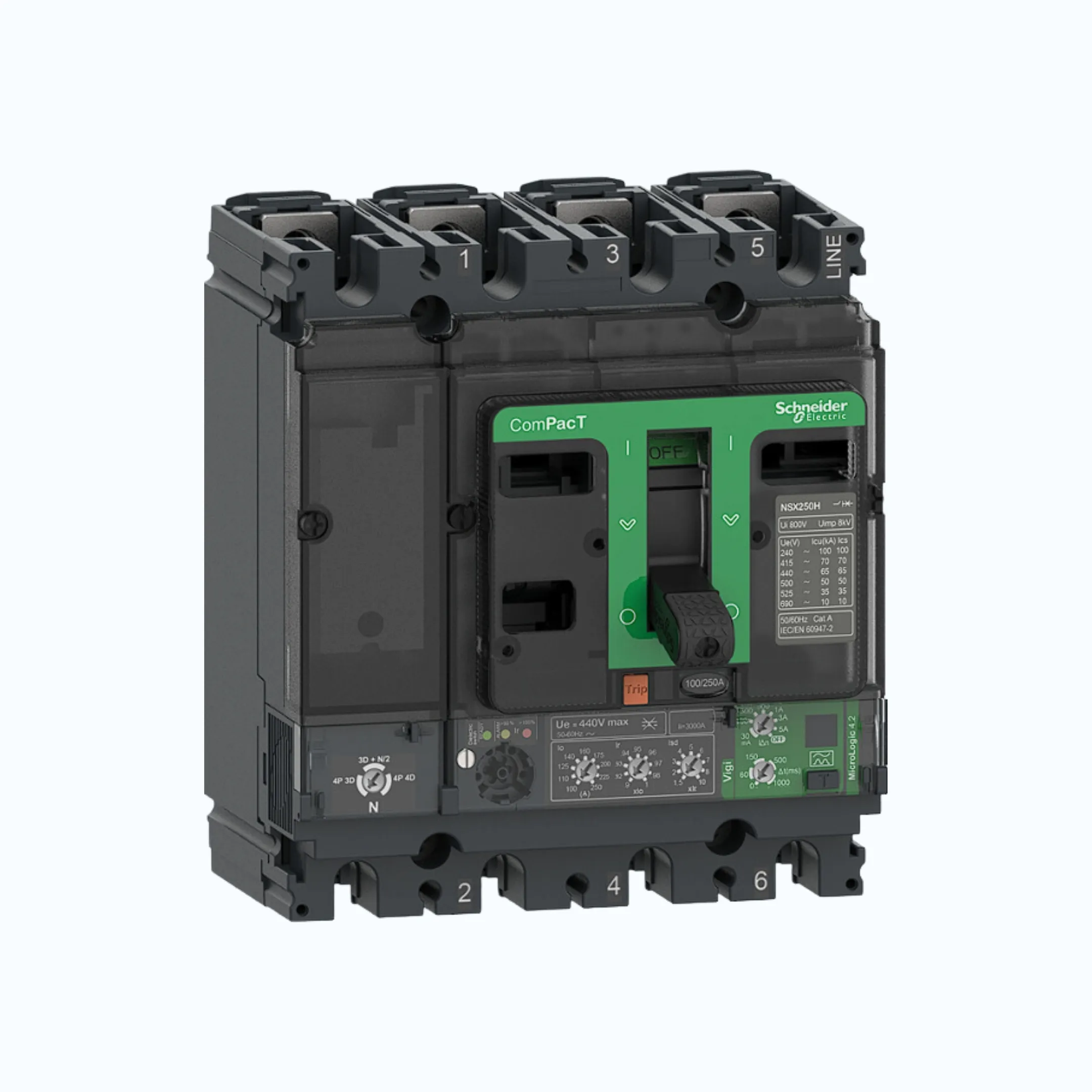 Schneider ComPacT NSX100 - 630A dengan N (50 kA)4P-MicroLogic Vigi 4.2 100-250 1