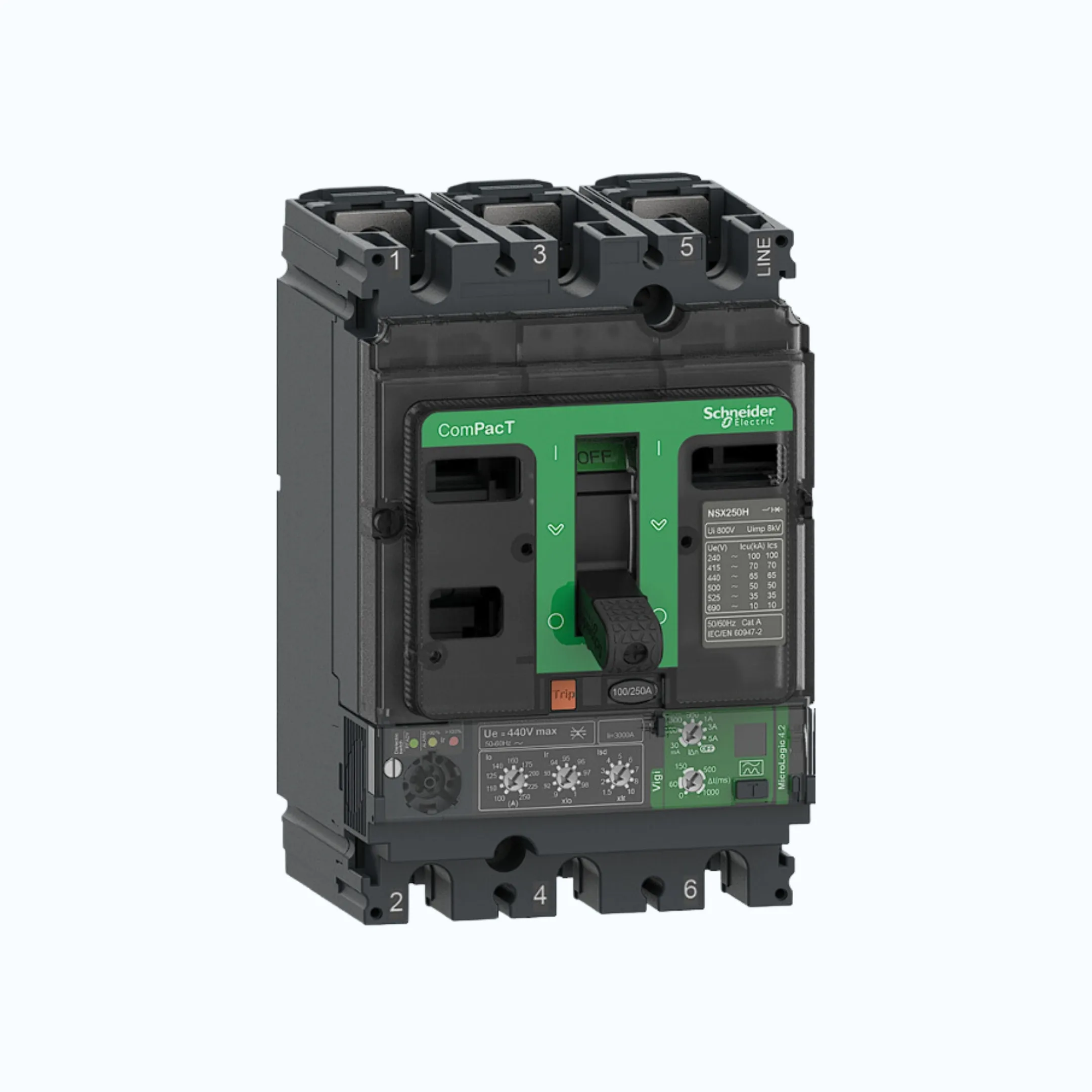 Schneider ComPacT NSX100 - 630A dengan N (50 kA)3P-MicroLogic Vigi 4.2 100-250 1