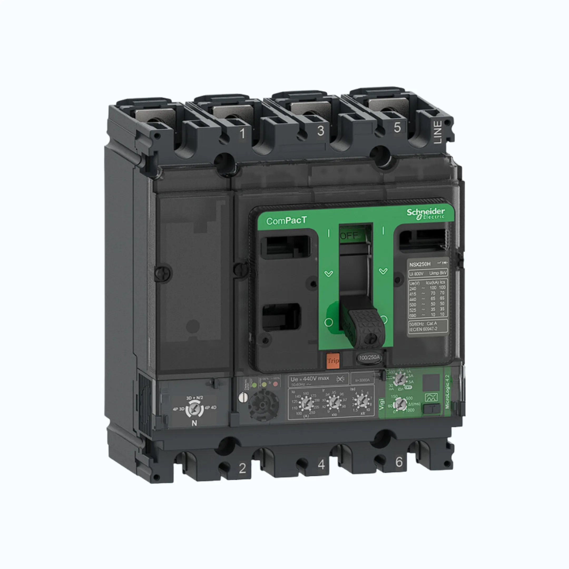 Schneider ComPacT NSX100 - 630A dengan F (36 kA) 4P-MicroLogic Vigi 4.3 250-630 