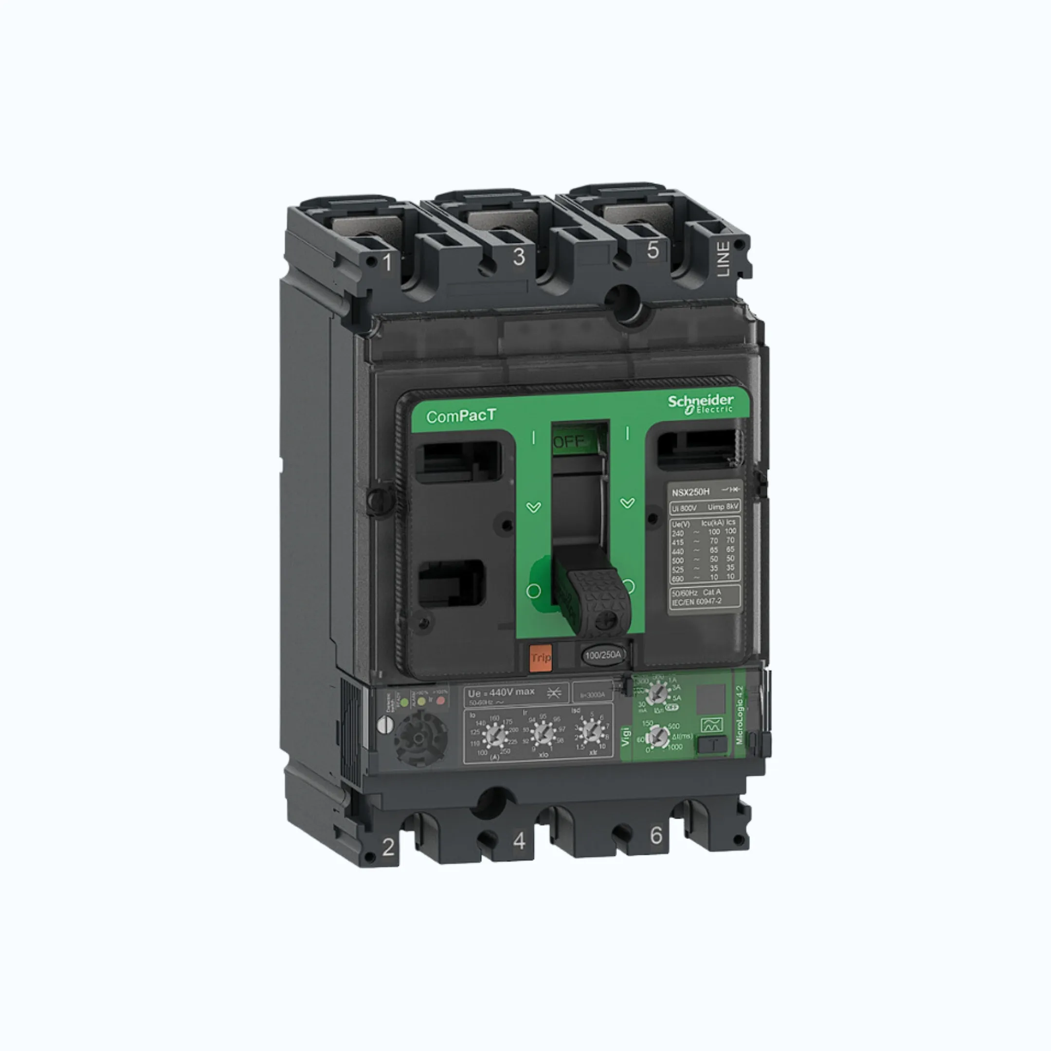 Schneider ComPacT NSX100 - 630A dengan F (36 kA) 3P- MicroLogic Vigi 4.2 63-160 